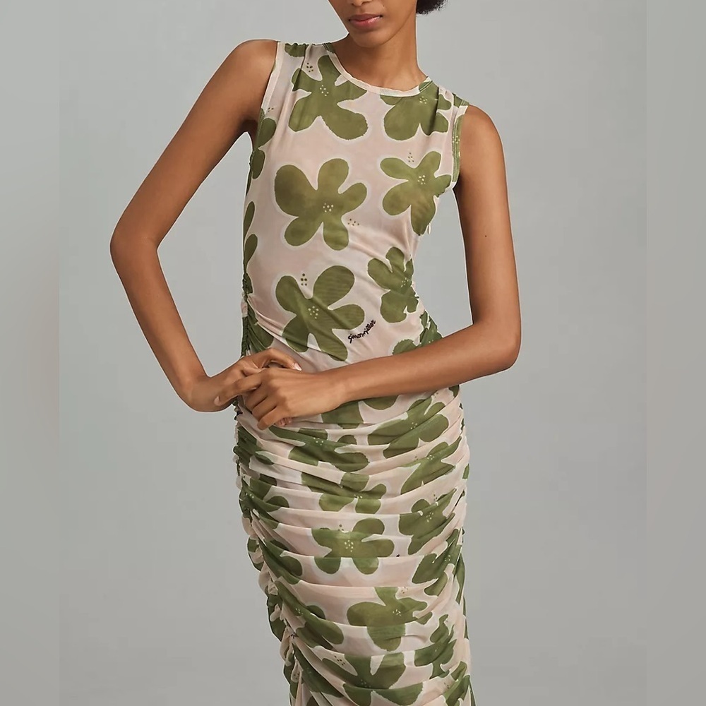 Simon Miller Tangier Printed Mesh Midi Dress in Green Seashell Flora Size L - Picture 9 of 15